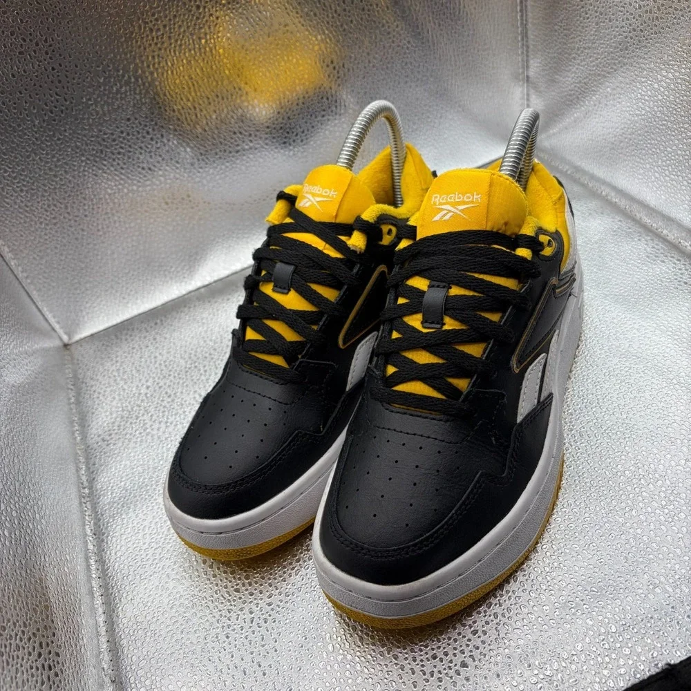 Size 4.5 Reebok BB 4000 Low Black White Yellow Mens Leather Sneaker Shoes‎